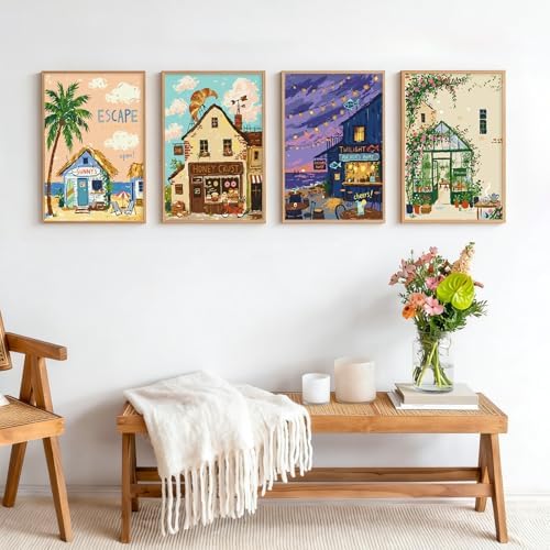 4 Pack Framed Paint by Numbers Kit for Adults Beginner with Wooden Easel, Landscape Easy Paint by Numbers with Frame, DIY Adult Paint by Numbers Kits on Canvas Framed for Home Decor Gift 8x12 Inch