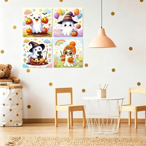 4 Pack Halloween Ghost Paint by Numbers Kit for Kids with Frame 8x8 inch