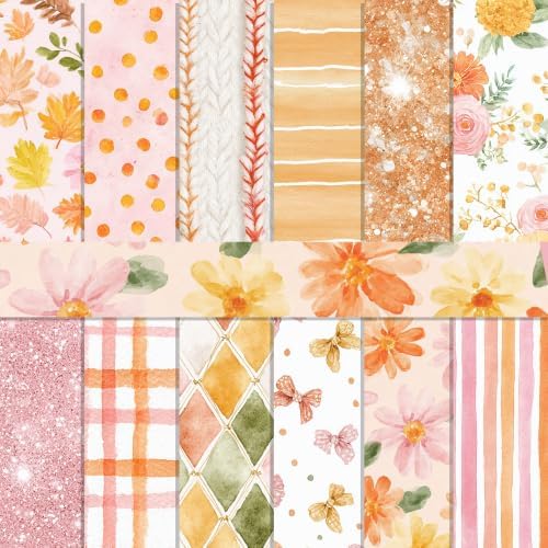 24 Sheets Orange Floral Scrapbook Paper, 12x12 Double Sided Craft Paper Pad