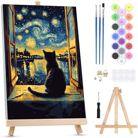KEYIFA Paint by Numbers for Adults on Framed Canvas - with Wooden Easel, Starry Sky Painting by Number Kit for Beginners, DIY Black Cat Acrylic Paint-by-Number Kits for Home Wall Decor (8x12 inch)