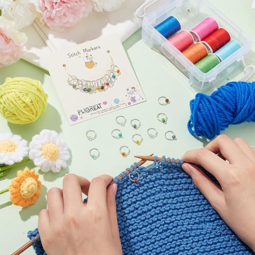 PLIGREAT 24 Pcs Colorful Glass Seed Beads Crochet Stitch Marker Rings Set Removable Knitting Locking Marker Loop Gifts for Mom Woman DIY Crafts Earing Jewelry Making Accessory Tailors Shop Supplies