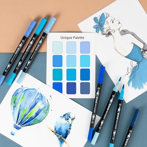 Blue Duo Tip Marker Pens, 12 Fine & Brush Tip Pen For Adult Coloring Books