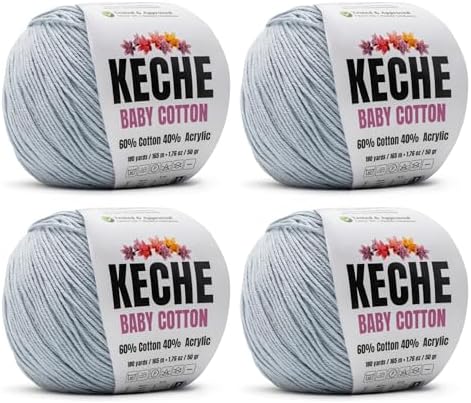 Keche Baby Cotton, 60% Cotton 40% Acrylic Yarn, Soft Cotton Yarn for Crochet and Knitting, Amigurumi Yarn 4 Skeins/Balls [1.76 Oz (50g) / 180 Yrds (165m)] x 4 - Light Blue Grey