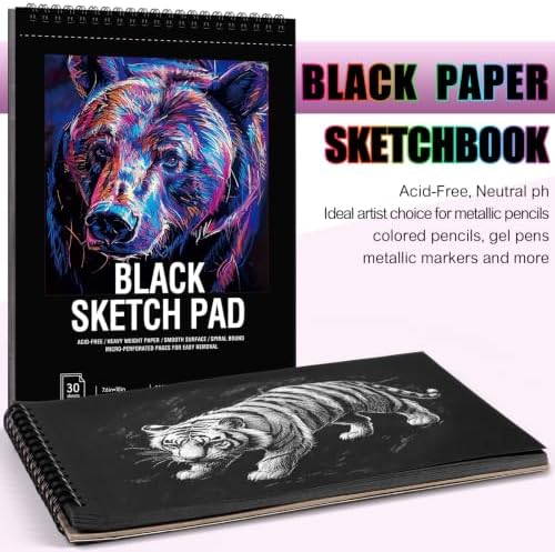 Black Sketch Pad 7.6 × 10 in, 50 Sheets, Spiral Bound Sketchbook | Black Paper for Gel Pens, Metallic Markers, Pencils & Pastel; Mixed Media Sheets; Lay-Flat Top Spiral