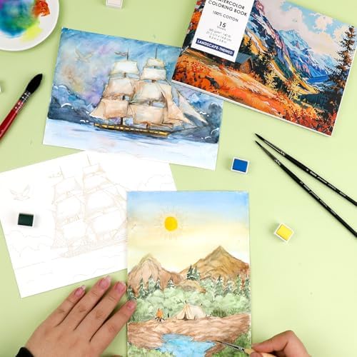 Grabie Watercolor Coloring Book, 15 A5 Cotton Sheets, Landscape Themed