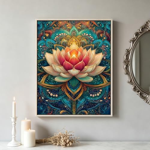 DIYDECORFUN Mandala Lotus Flower 5D Full Drill Diamond Art Kits for Adults & Beginners, Round Diamond Painting, DIY Gem Art & Diamond Dots, Stress Relief Crafts for Home Wall Decor, 12 x 16 Inch