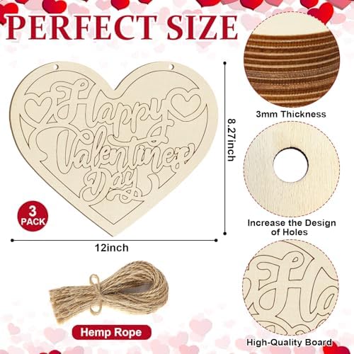 Large Size 12" Wooden Heart Ornaments to Paint, Valentine's Day DIY Blank Unfinished Wreaths Front Door Sign Decorations Heart Ornament Door Hanging Sign Plaque Crafts 3PCS