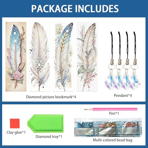 4-Piece 5D Diamond Painting Bookmarks Set, DIY Craft Kit with Rhinestones – Elegant Vintage Style Feather Design, Perfect for Book Lovers Adults, Unique Diamond Art Craft Bookmarks with Tassels
