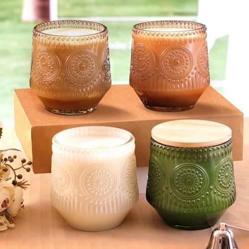 LAMORGIFT 6 Pack Large Green Candle Jars - 13.5oz Glass with Wooden Lids and Labels, Empty Jars for Candle Making Supplies
