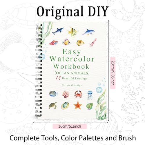 Watercolor Workbooks Ocean Animals, 15 Beautiful Paintings for Water Color Book Adult, Watercolor Coloring Book for Beginners, Watercolor Workbook for Adults Teens (Without Palette, Ocean Animals)