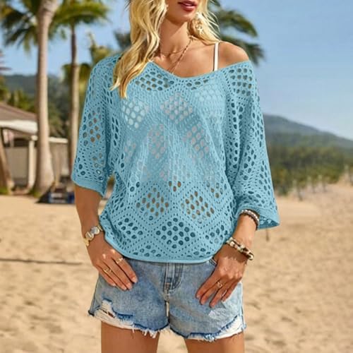 Bohemian Crochet Tops for Women 3/4 Sleeve V-Neck Open Knit Pullover Beach Cover Ups Hollow Out Boho Vacation Blouse