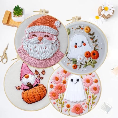 LB Cute Halloween Embroidery Kit for Adults & Beginners - 4-Piece DIY Cross Stitch Starter Kit with Ghost, Pumpkin, Floral Designs (Pink/Orange), Hoop, Threads, Needles