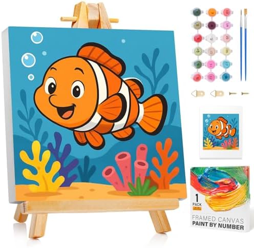 Paint by Numbers Kit for Kids with Frame, Fish Painting, No Easel, 8"x 8"