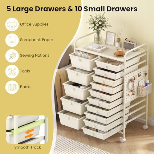 GOFLAME 15-Drawer Rolling Storage Cart with Pegboard, Craft Storage Cart with Lockable Wheels and Metal Frame, Art Cart Supply Storage Organizer for Home Office Classroom, White