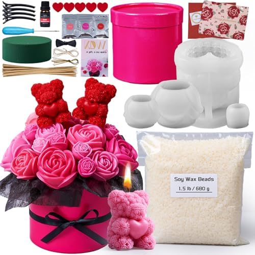 Rose Candle Making Kit with Round Gift Box,DIY Soy Wax Kit(Rose red)