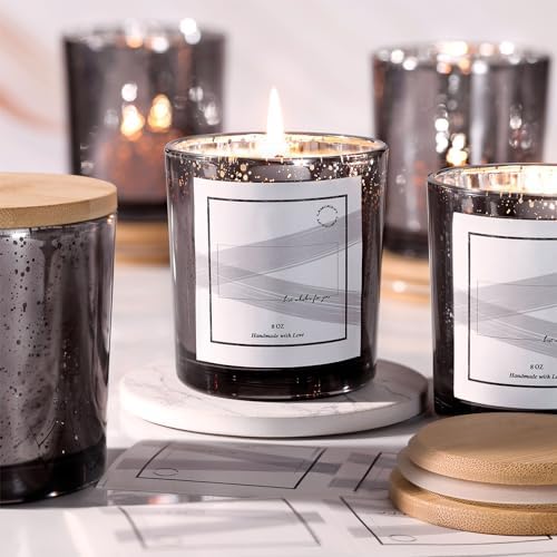 LAMORGIFT 15 Pack Dark Gray Candle Jars With Lids - 8oz Mercury Glass Candle Making Containers - Includes 20 Pcs Labels