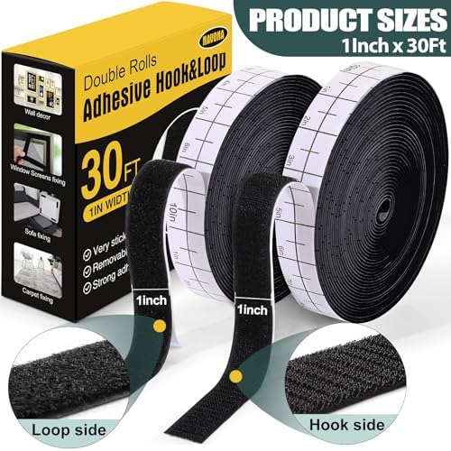 Navona 30Ft x 1 Inch Heavy Duty Hook and Loop Strips with Adhesive, Black
