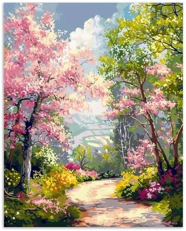 Alptiny Spring Landscape Paint by Numbers Kit for Adults Beginner, Floral Pathway Paint by Number Kits, DIY Flower Oil Painting Kit for Relaxation & Home Decor, 16x20 Inch