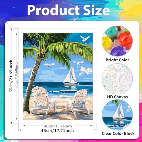 xcemhil Beach Paint by Numbers Kit for Adults, Paint by Number Palm Tree, Seaside Paint by Numbers Kit for Adults Beginner for Gift and Home Wall Decor 16x20 Inch