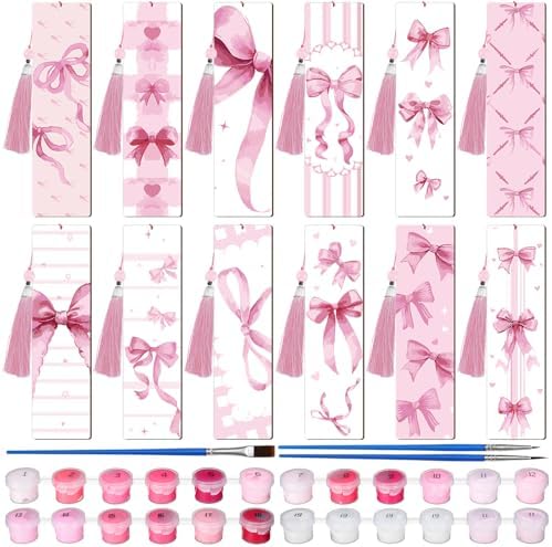 Kosiz 12 Pcs Pink Bow Paint by Number Kit for Adult Wood Bookmark | Mini Paint by Numbers Kit, Painting Decor, Tiny Tassels Blank Bookmarks, for Small DIY Craft Book Lovers Gift 7x2 ''