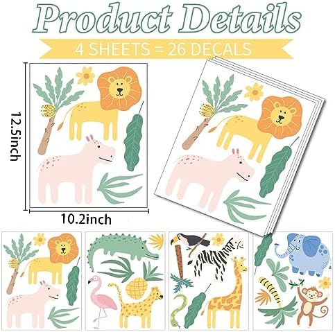 AOWDIAO Animals Wall Decals, Cute Safari Wall Stickers for Baby Kids, Jungle Theme Decor for Nursery, Classroom, Playroom, Bedroom