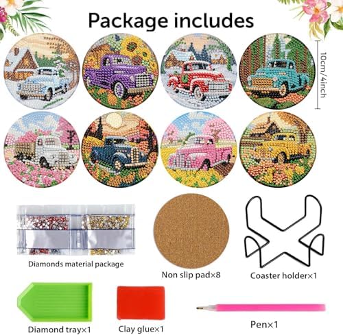 8 Pcs Diamond Art Coasters Kit for Adult with Holder, Diamond Coaster 4x4in