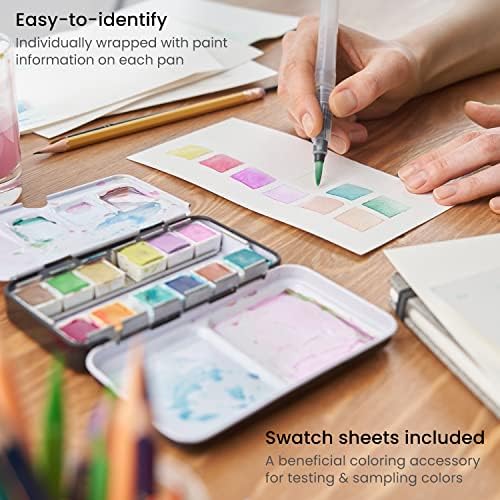 ARTEZA Watercolor Paint Set, 12 Pastel Colors, Half Pans in Travel Tin