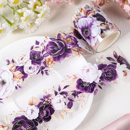 Sitsink PET Tape for Journal Scrapbooking - Golden Purple Flower Junk Journal PET Tape Scrapbook Decor Supplies Crafts Book Bottle Décor