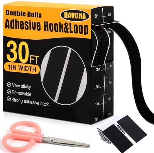Navona 30Ft x 1 Inch Heavy Duty Hook and Loop Strips with Adhesive, Black