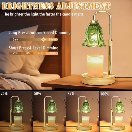 XJZJY Green Glass Flower Candle Warmer Lamp with Timer, Modern Home Decor | Dimmable wax melt warmer with 2 bulbs for jar candles, height adjustable, Green tulip design, home decor, housewarming gifts