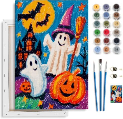 Spandrel Cute Halloween Ghost Paint by Number Kits for Kids & Adults, Pumpkin Paint by Number Kits on Canvas, DIY Acrylic Oil Halloween Painting by Numbers Gitfs for Home Wall Decor, 8x12in
