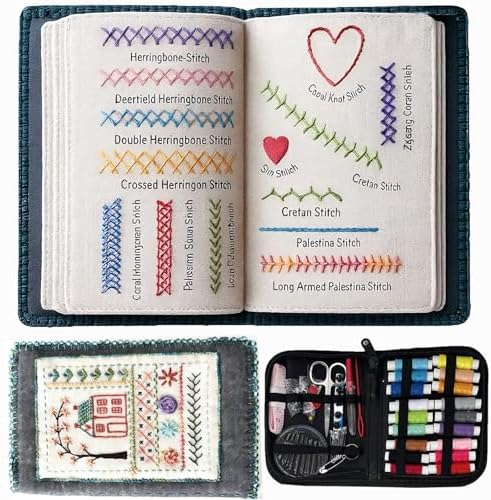 Nichalous Embroidery Stitch Book Kits, Portable All Scenario Embroidery Stitch Book with Fabric Pages, Perfect for Beginners and Craft Lovers, Unique Handmade Gift (A)