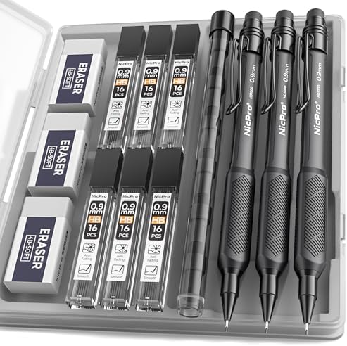 Nicpro Art Mechanical Pencil 0.9mm with Case, 3PCS Mechanical Pencils 0.9