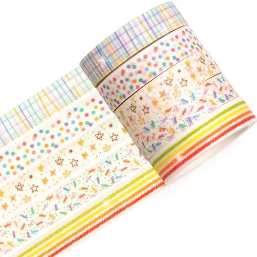 Cute Pattern Washi Tape Set 5 Rolls Glitter Cover Decorative Wide Kawaii Masking Tapes for Arts, DIY Crafts, Journals, Planners, Scrapbook, Wrapping (9 Dots & Stars)