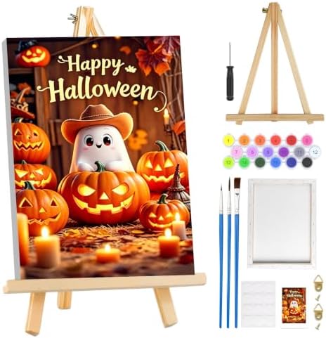 MOGTAA Happy Halloween Paint by Numbers Kit for Adults Beginners with Frame, Ghost Adult Paint by Number Kits on Canvas with Easel, Easy DIY Pumpkin Oil Painting Kits for Home Decor, 8x12in