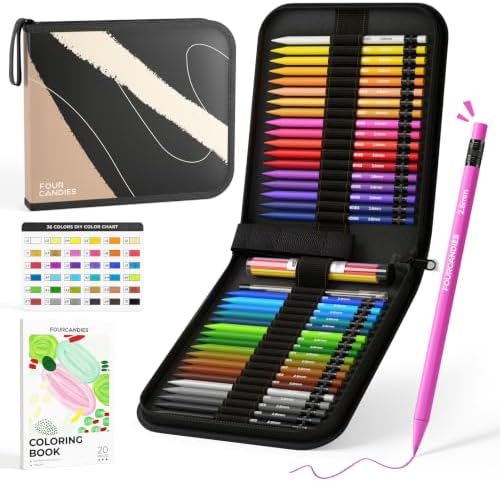 Four Candies Colored Mechanical Pencils with Coloring Book 36 Colors | Refillable 2.6mm Thick Lead, Pencil Case & Sharpener, No Sharpening, Art Supplies Kit for Coloring, Sketching & Crafts