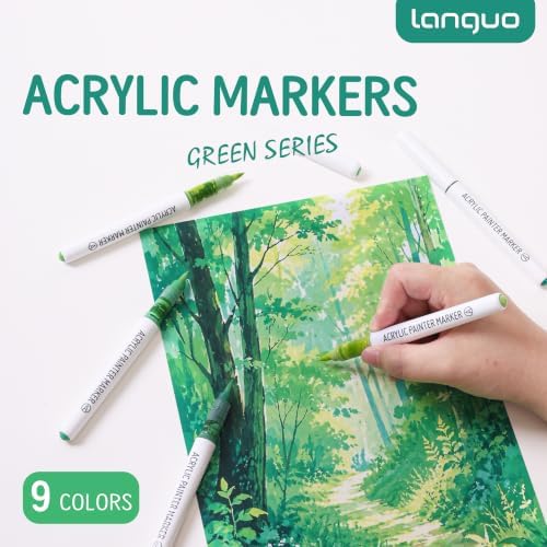 languo Acrylic Paint Markers, 9 Colors Green Series, Soft Brush Tip