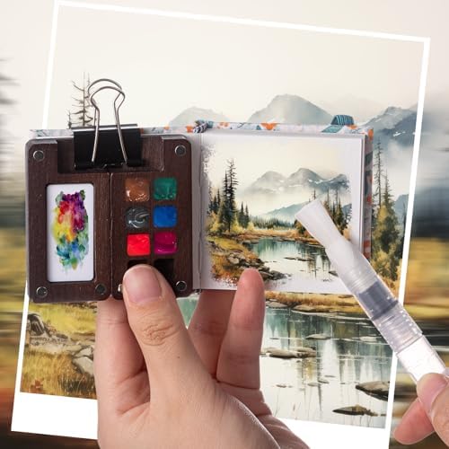 Qilery Mini Portable Watercolor Palette Set Wooden Grid Paint Box Watercolor Paper Sketch Book Brush Pens with Binder Clip for Painters Artist Not Include Paint(Blue Flowers)