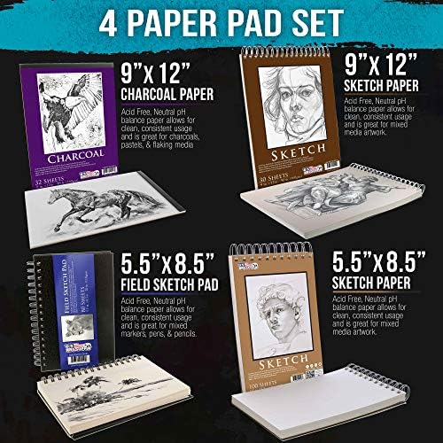 U.S. Art Supply 4-Pad Sketch Book and Drawing Paper Set (242 Sheets) | Sizes (5.5 x 8.5 and 9 x 12 Inch) Spiral Bound, Artist Drawing for Mixed Media