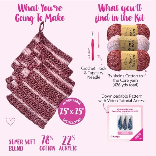 KnitPal Dishcloth Crochet Kit for Beginners (Cherry Red + Blush Pink)