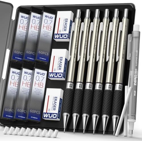WUO 0.7 mm Mechanical Pencil Set with Eraser Pen Storage Case, 6 PCS
