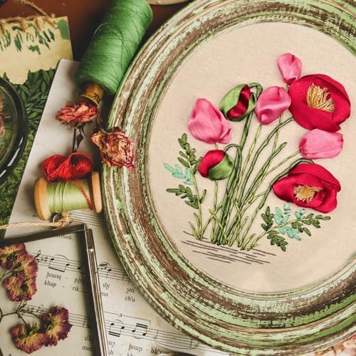 FONNUY Ribbon Embroidery 3D Flowers Pattern Design Kit Embroidery DIY Handwork Set Oval Home Decoration (Red Rose)