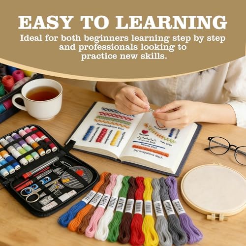 JINSILU Beginner Embroidery Stitch Book Kit, 86-Piece Sewing Tool Set with 24 Colors Floss