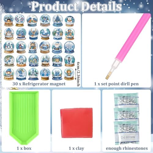 30 Pcs Christmas Diamond Art Magnet, Blue Crystal Ball Diamond Painting