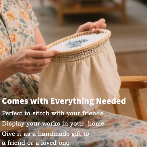 FONNUY Embroidery Kit for Beginners, Brightly Colored Landscape Lake Pre-Stamped Pattern Kits for Adults with Hoop, Easy to Follow Color Thread Needlework, 8'' Hoop (Darkblue)