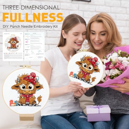 Christmas Highland Cow Embroidery Kit for Beginners Adults Easy Embroidery Starter Kit Highland Cow Christmas Hat Cross Stitch Kits Embroiderys Hoop Needlepoint Kits with Instruction Needles Thread