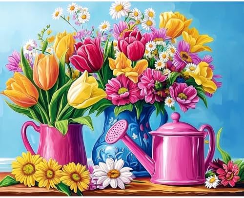Natuyalo Flowers Vase Paint by Numbers for Adults, DIY Paint by Numbers Kit with Brushes and Pigment, Watering Pot Acrylic Painting for Home Wall Decor Art Gift 16x20 Inch
