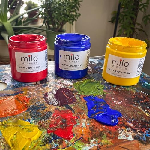 milo Heavy Body Acrylic Paint Set, 8 Primary Colors, 8 oz Jars, Semi-Gloss