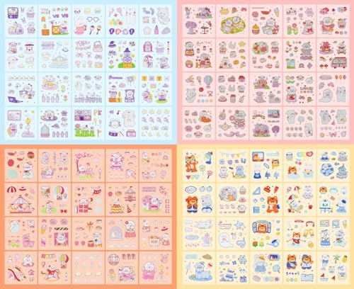 Kawaii Animal Cute Scrapbook Stickers - 100 Sheets CartoonTransparent Stickers for Junk Journal Scrapbooking Collage Planner Album Calendars Notebook DIY Craft Decor