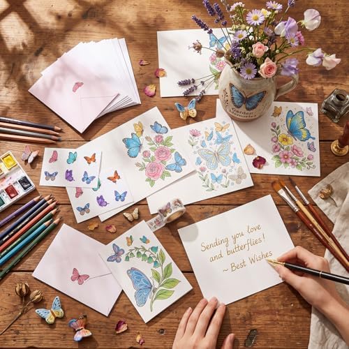 Gueevin 24pcs Butterfly Coloring Greeting Cards with Envelopes and Stickers Butterfly Color Your Own Postcards 4 x 6 Flower Thank You Note Cards for Adults Wedding Birthday Gifting DIY Crafts Mailing